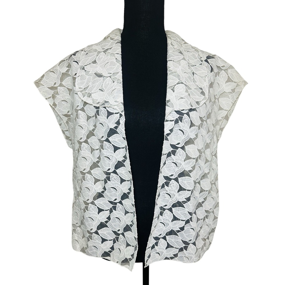 Axara Paris Women's 38 (MED) White Floral Eyelet Open Front Sheer Blouse Cottage